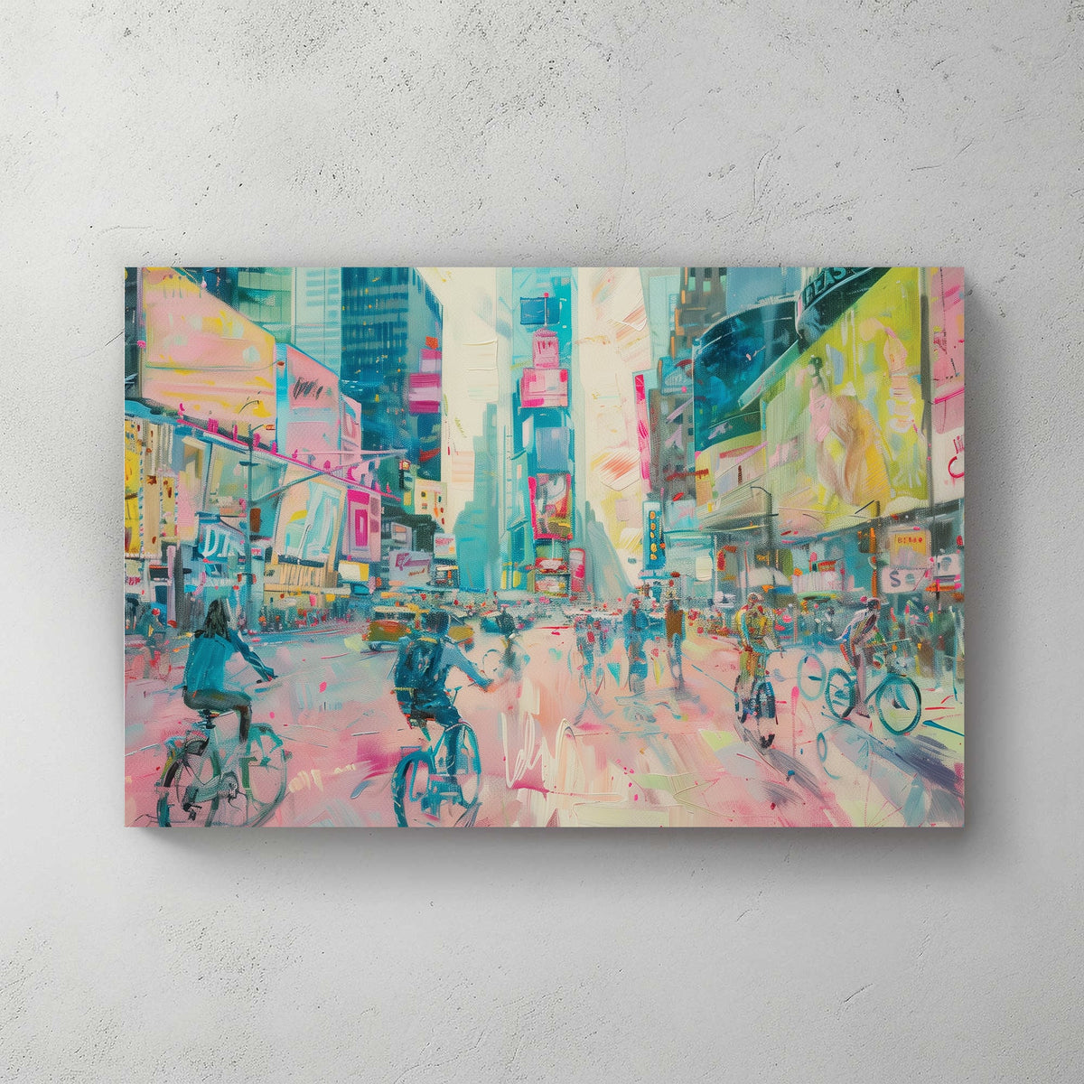 Wall art of cyclists in pastel-toned Times Square with glowing billboards and city buzz