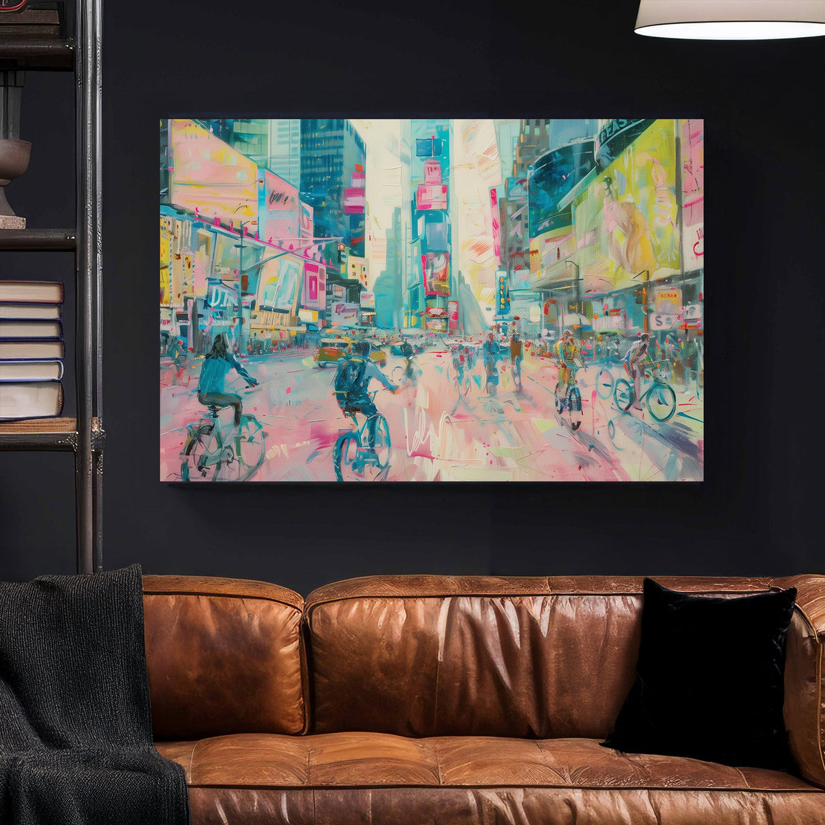 Wall art of cyclists in pastel-toned Times Square with glowing billboards and city buzz