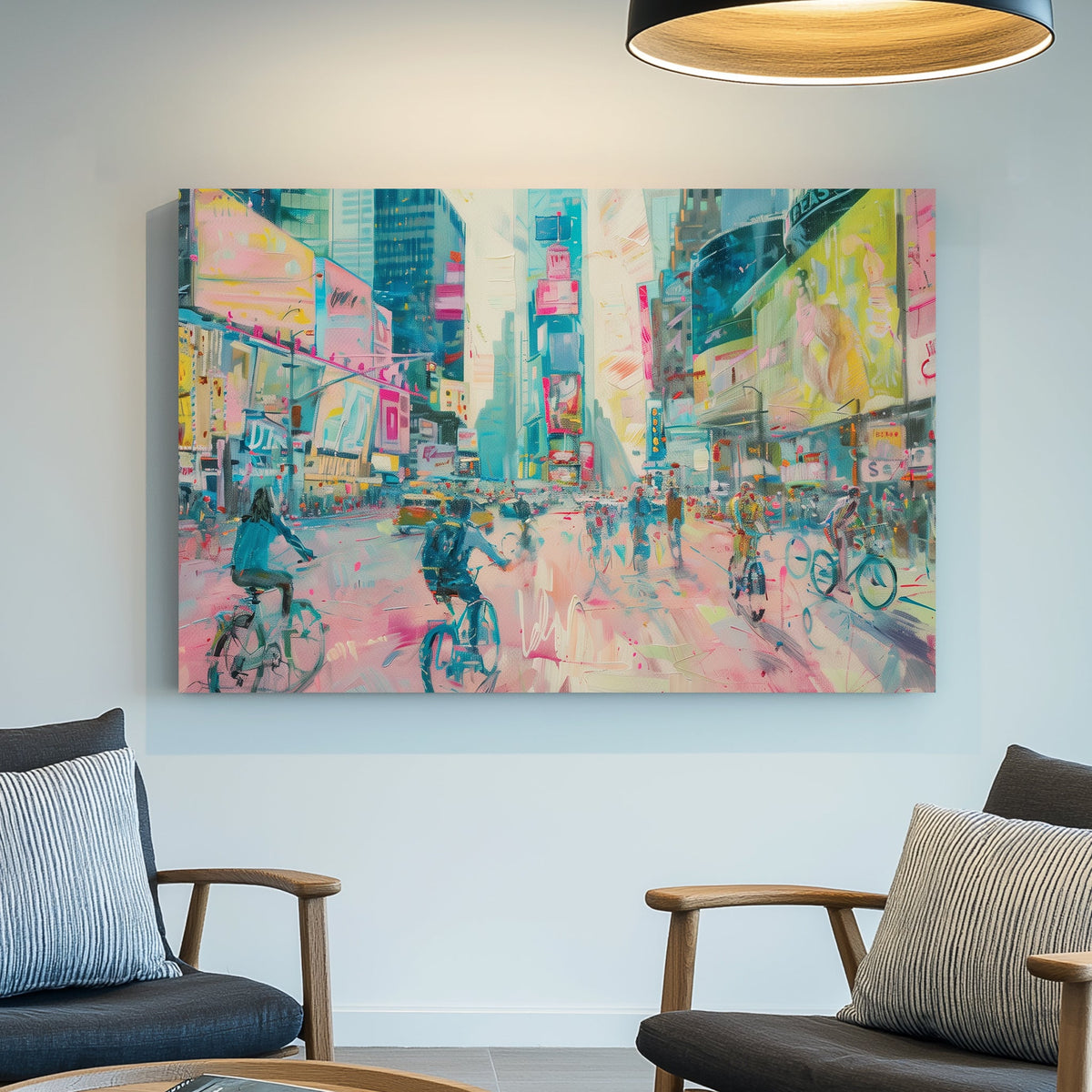 Wall art of cyclists in pastel-toned Times Square with glowing billboards and city buzz