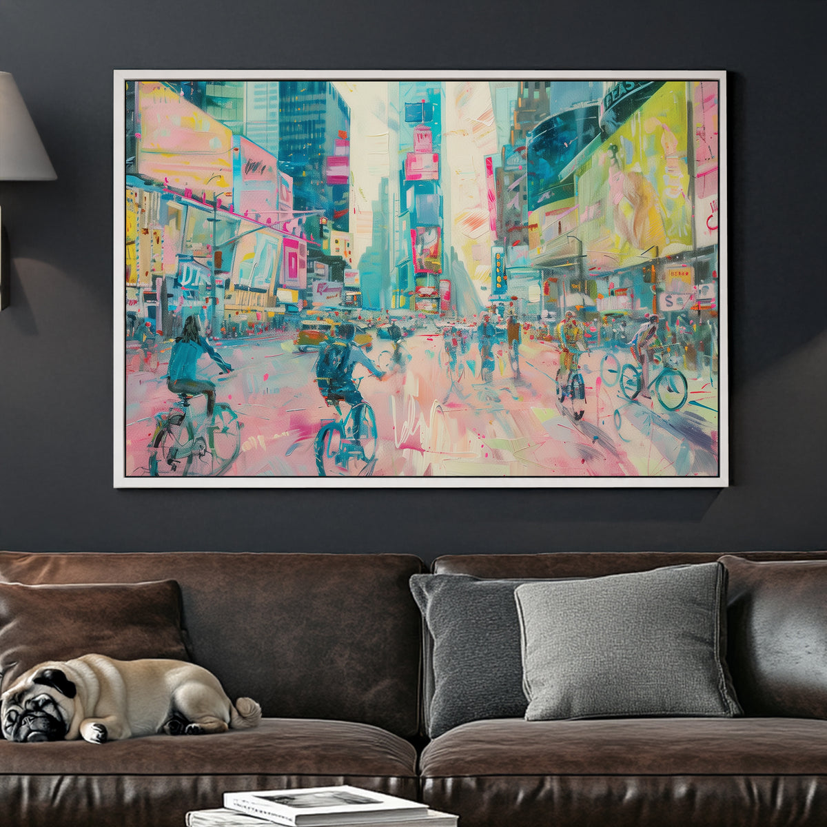 Wall art of cyclists in pastel-toned Times Square with glowing billboards and city buzz