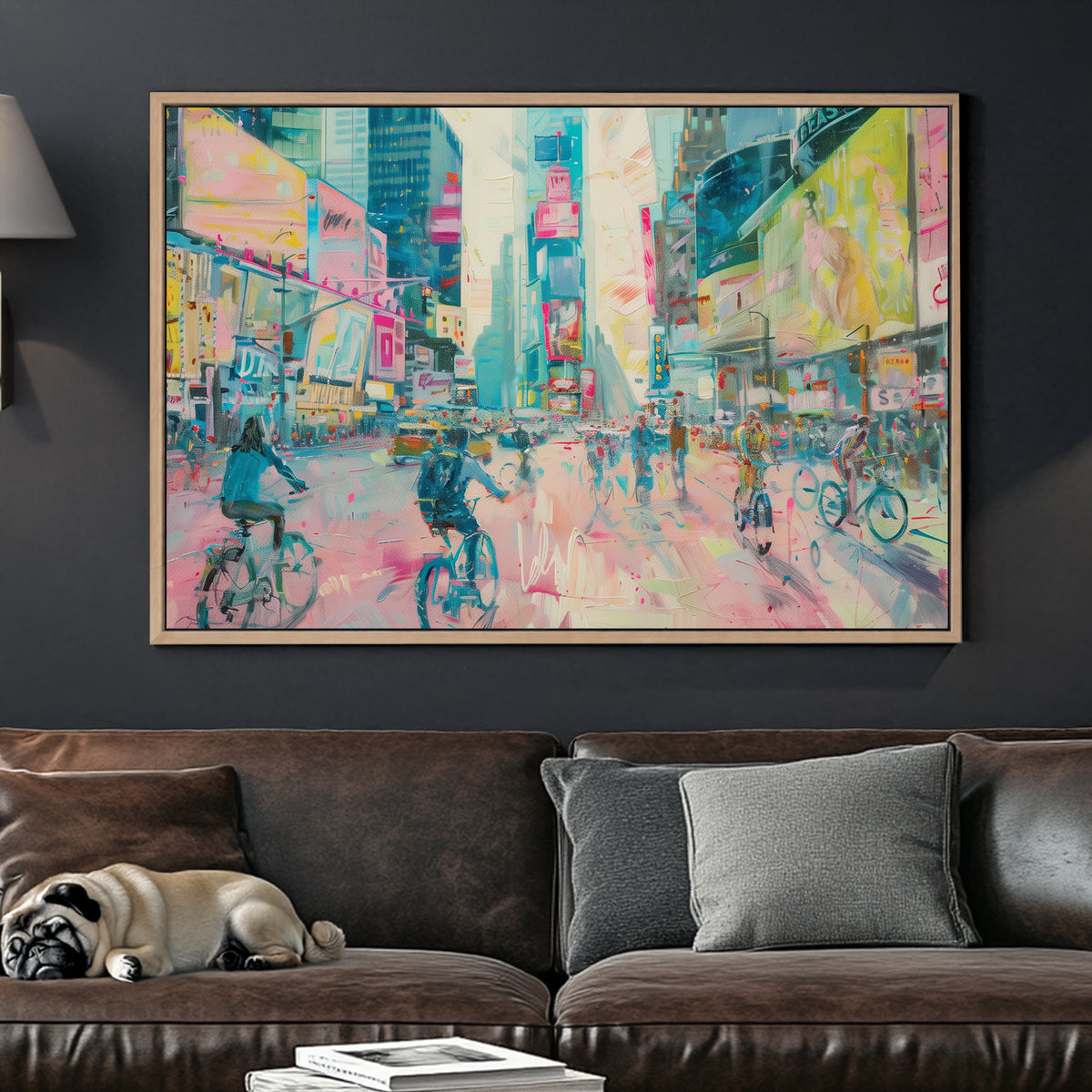 Wall art of cyclists in pastel-toned Times Square with glowing billboards and city buzz
