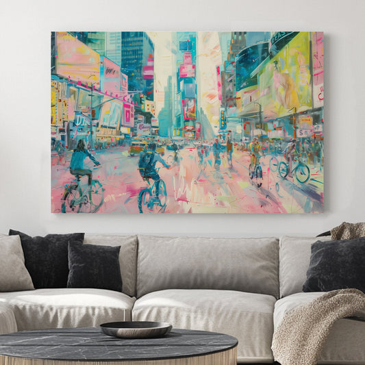 Wall art of cyclists in pastel-toned Times Square with glowing billboards and city buzz