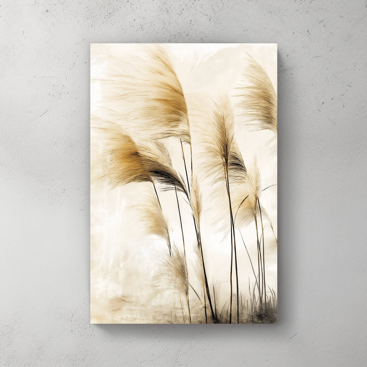 Wall art of pampas grass swaying in soft golden light with neutral beige tones