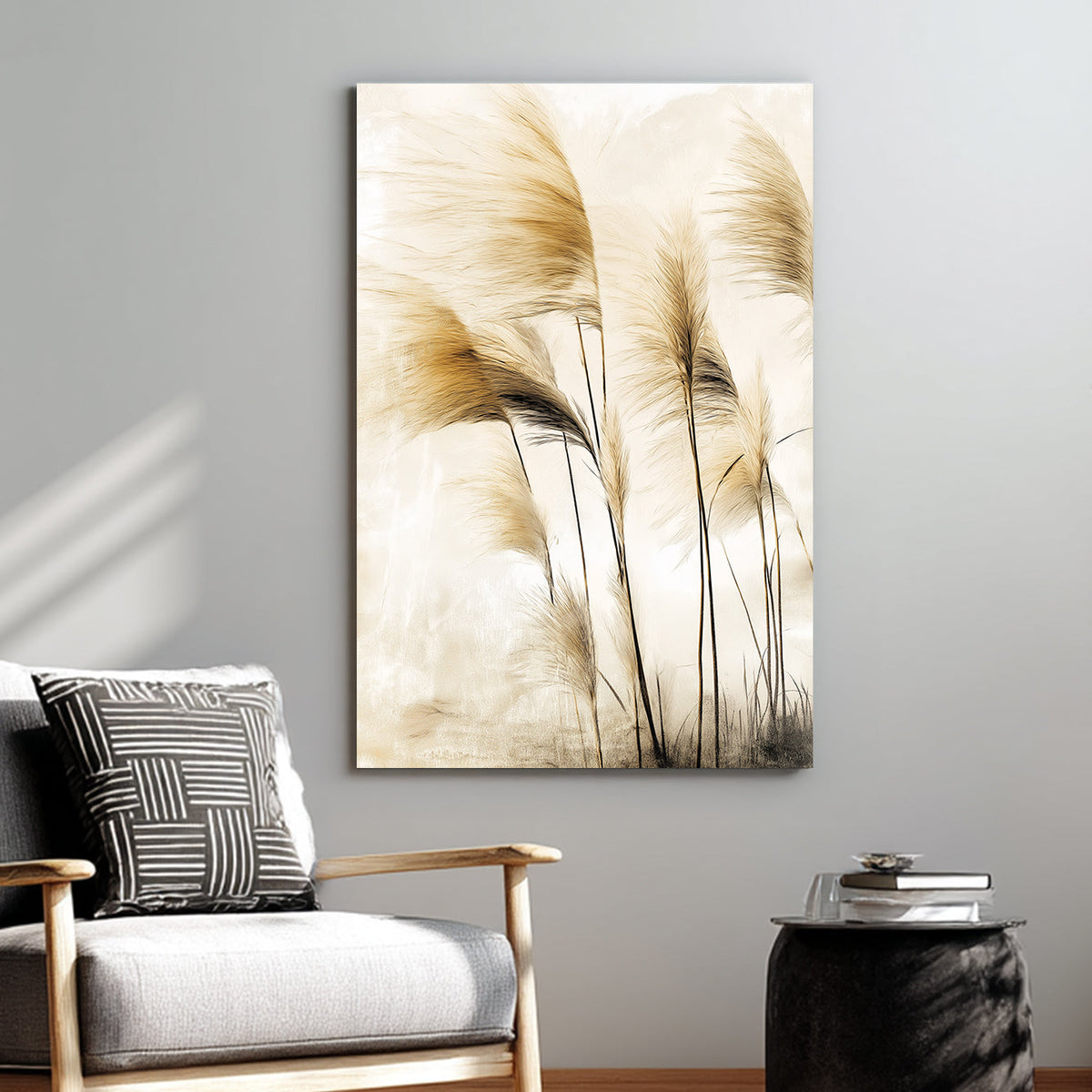 Wall art of pampas grass swaying in soft golden light with neutral beige tones