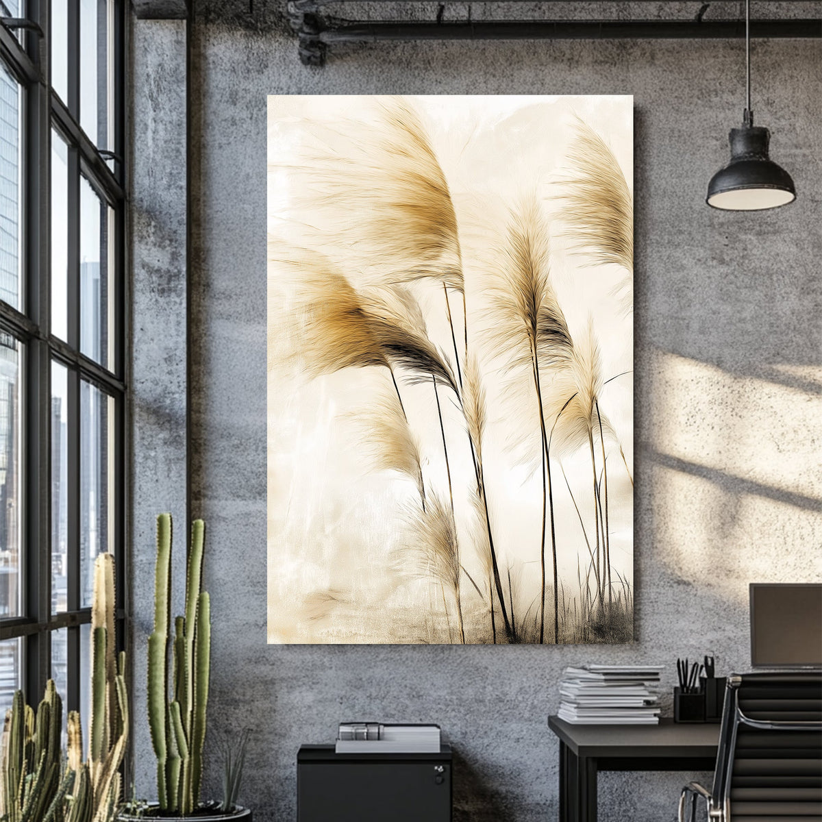 Wall art of pampas grass swaying in soft golden light with neutral beige tones