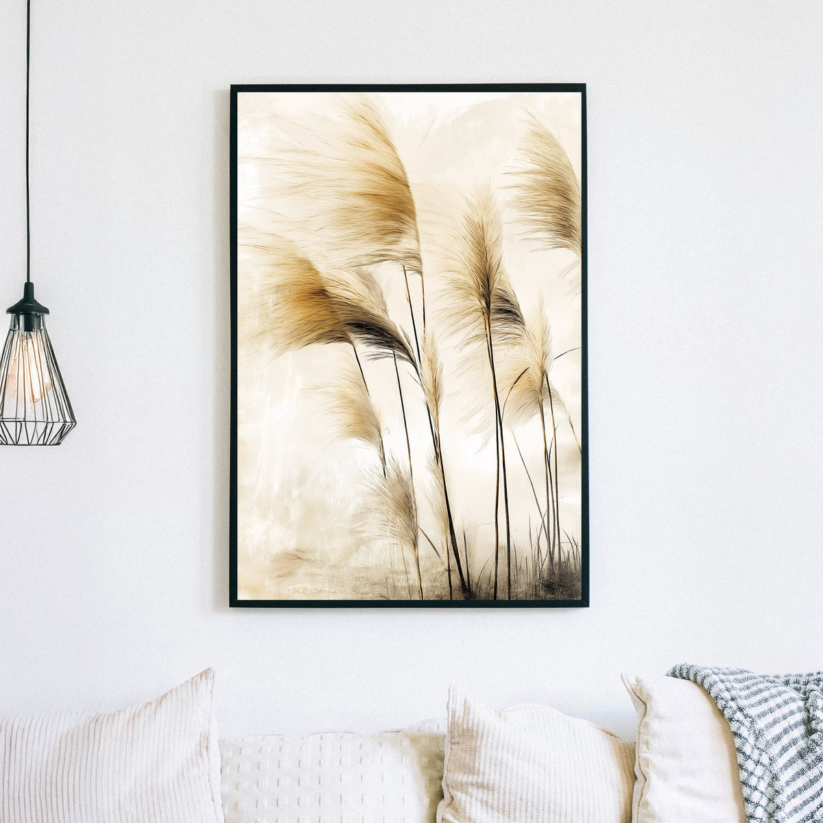Wall art of pampas grass swaying in soft golden light with neutral beige tones