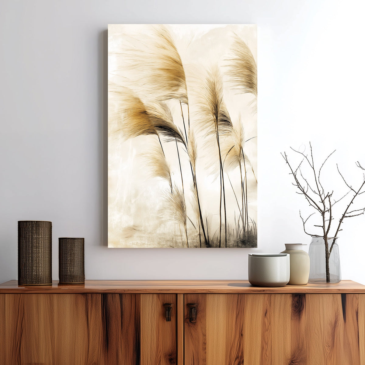 Wall art of pampas grass swaying in soft golden light with neutral beige tones