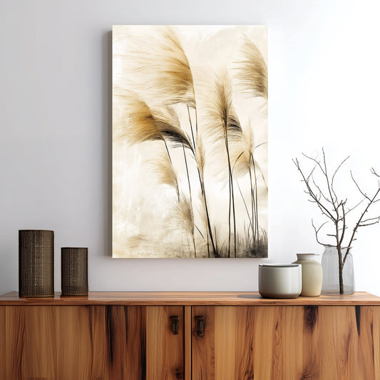 Wall art of pampas grass swaying in soft golden light with neutral beige tones