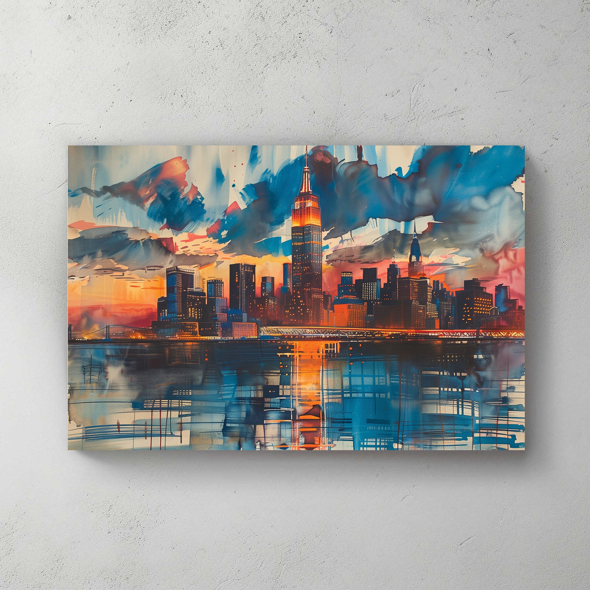 Wall art of New York City skyline with sunset colours and graffiti-style reflections
