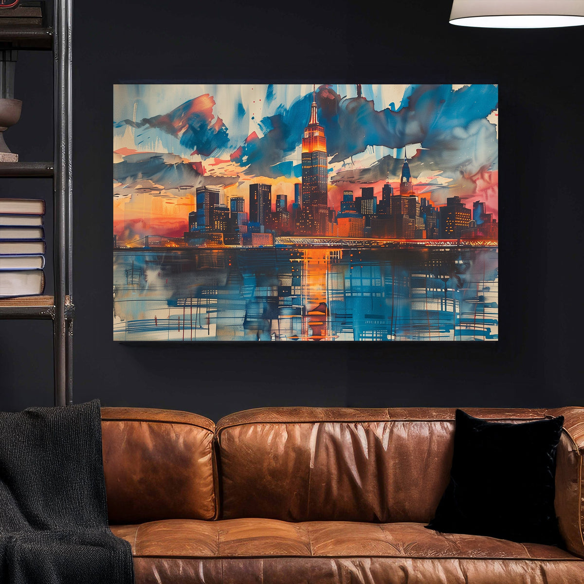 Wall art of New York City skyline with sunset colours and graffiti-style reflections
