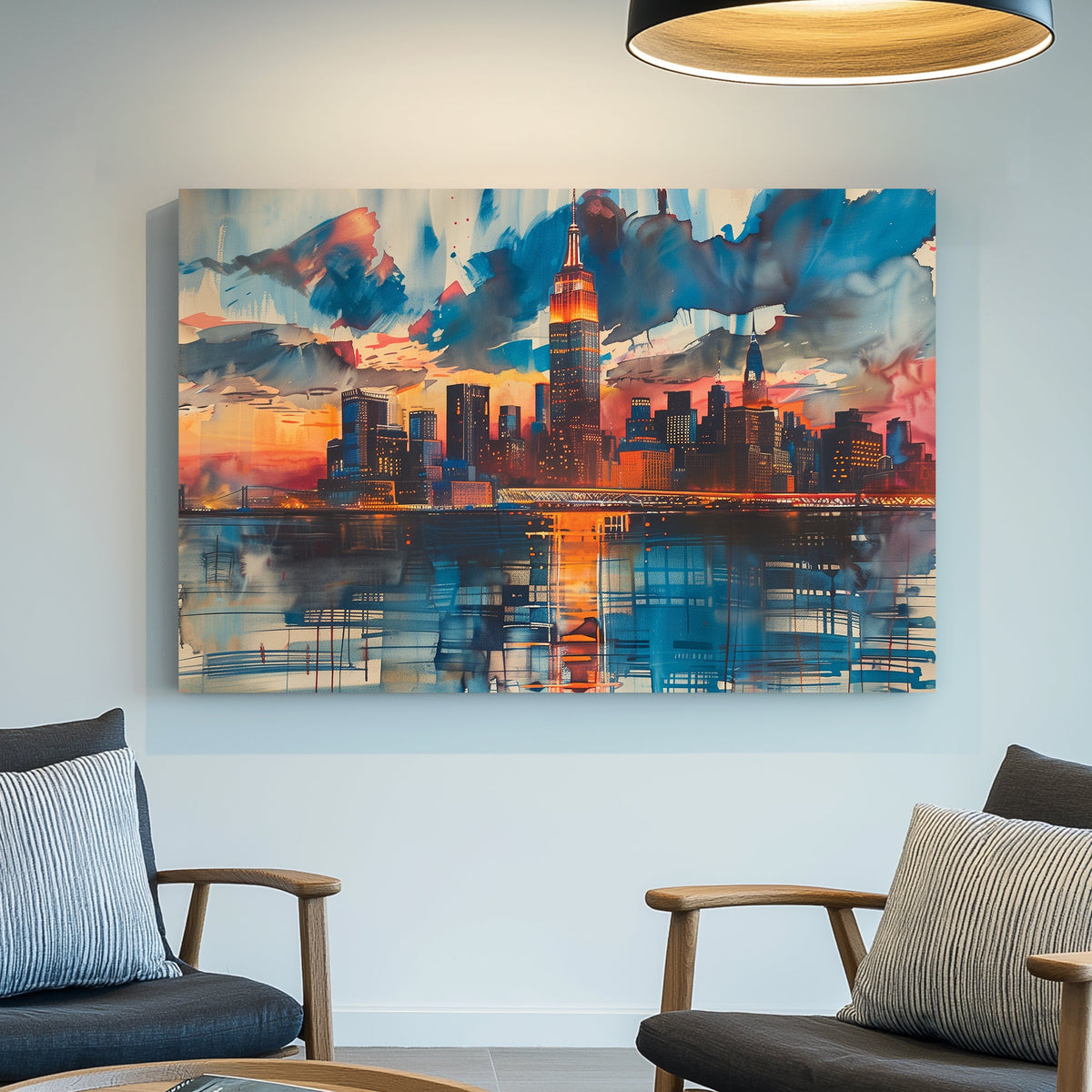 Wall art of New York City skyline with sunset colours and graffiti-style reflections