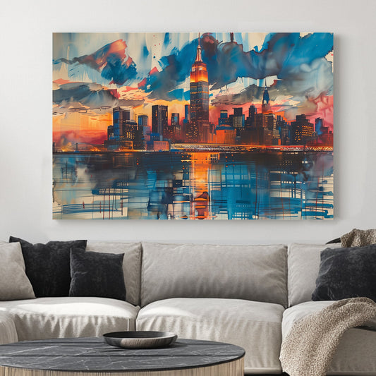 Wall art of New York City skyline with sunset colours and graffiti-style reflections
