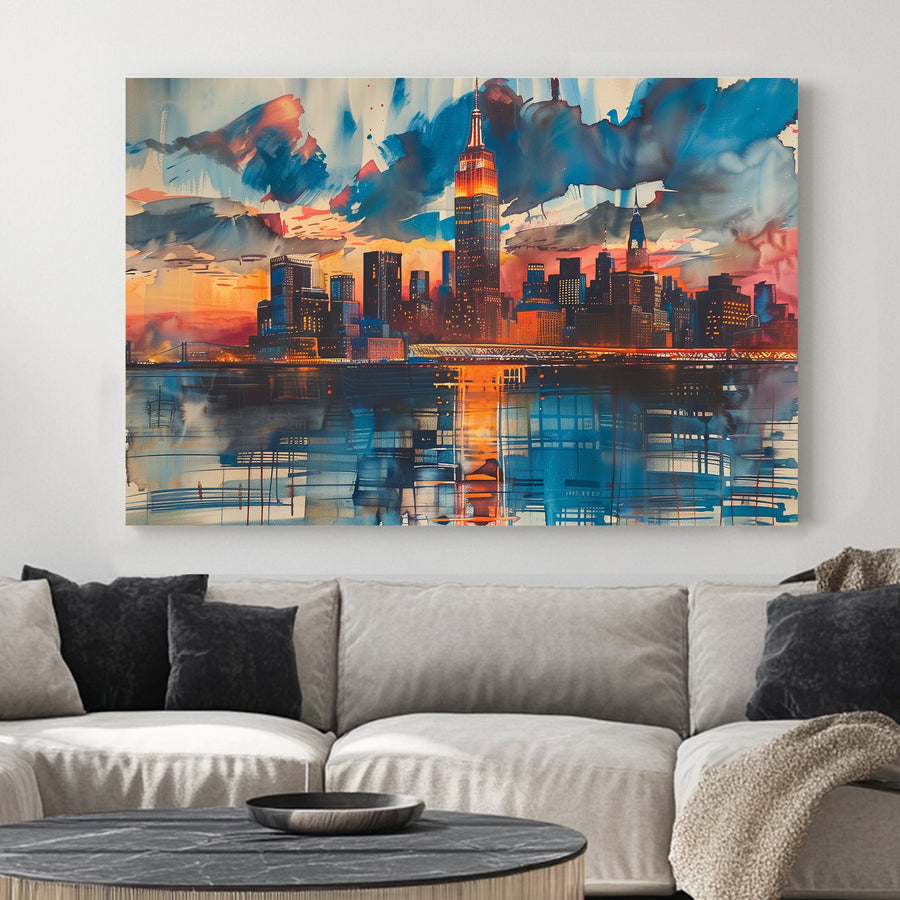 Wall art of New York City skyline with sunset colours and graffiti-style reflections