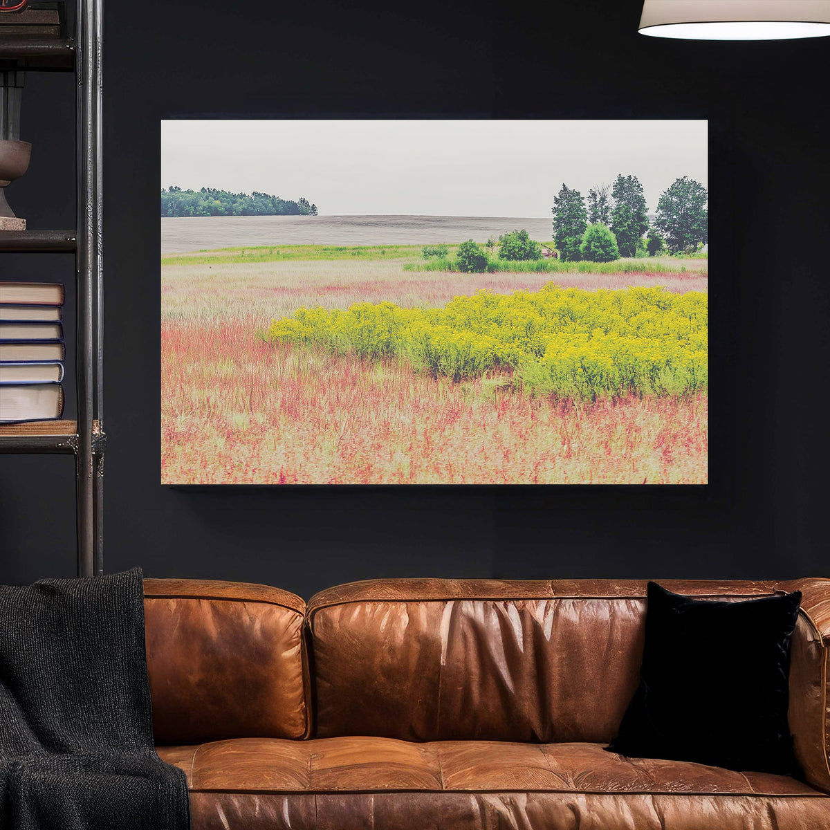 Wall art of a colourful prairie landscape with yellow wildflowers and open fields