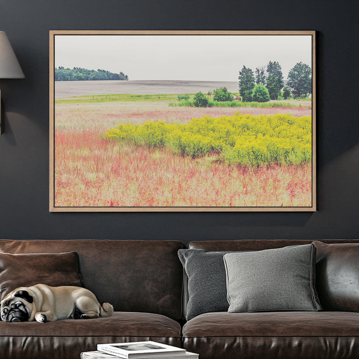 Wall art of a colourful prairie landscape with yellow wildflowers and open fields
