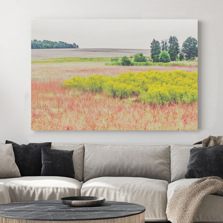 Wall art of a colourful prairie landscape with yellow wildflowers and open fields