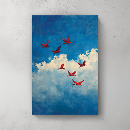 Wall art of red birds flying across a blue sky with textured white clouds