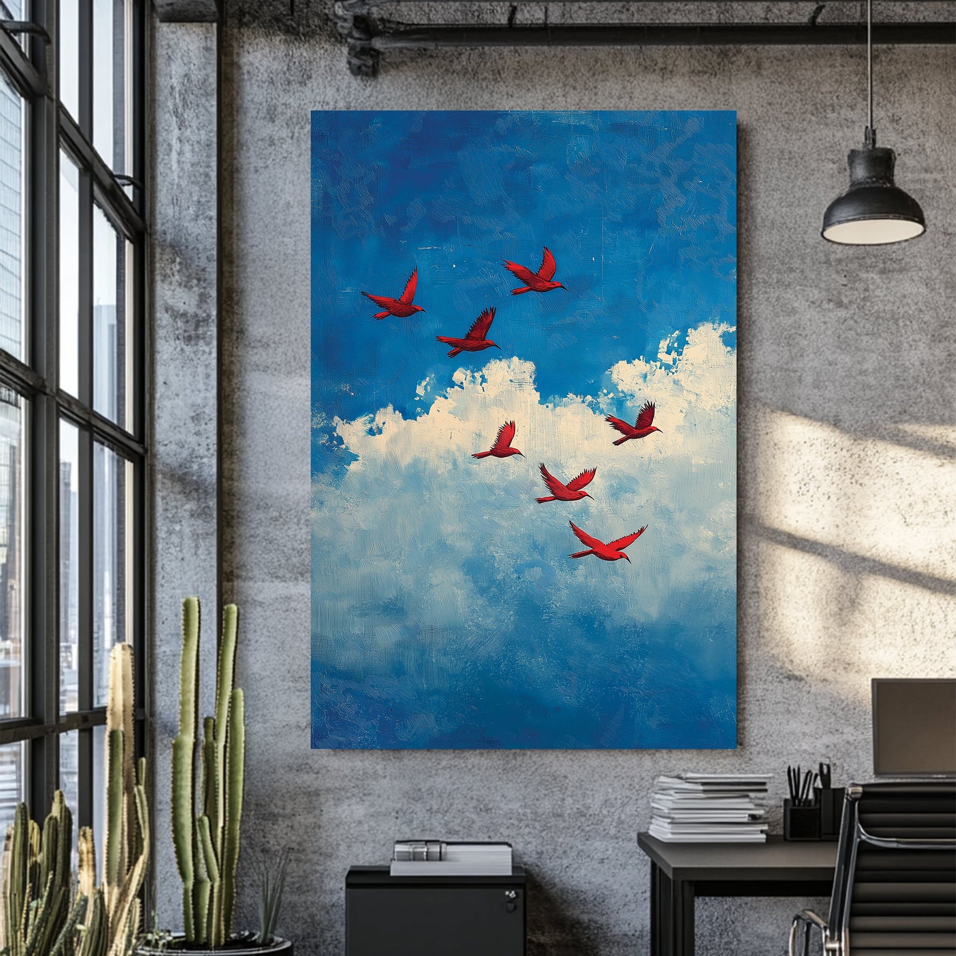 Wall art of red birds flying across a blue sky with textured white clouds