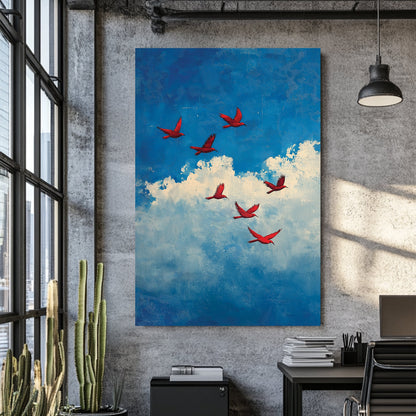 Wall art of red birds flying across a blue sky with textured white clouds