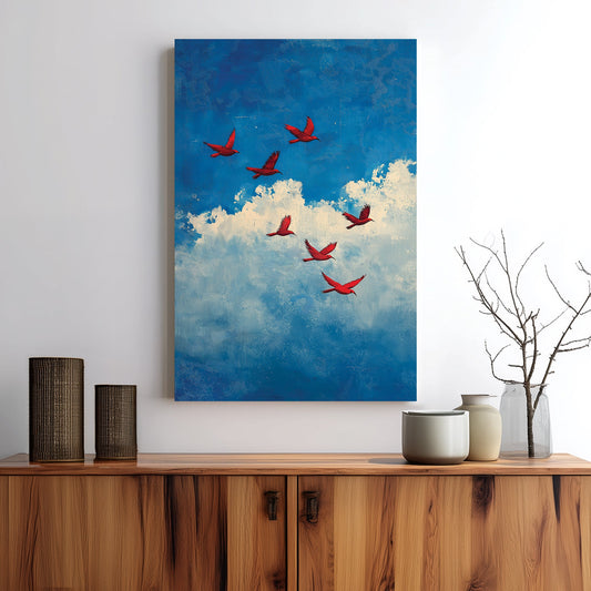 Wall art of red birds flying across a blue sky with textured white clouds