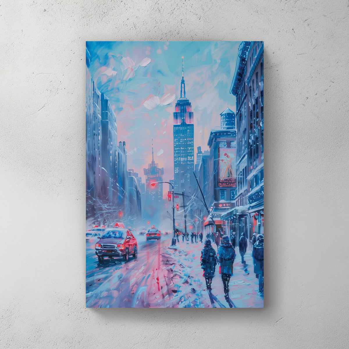 Wall art of a snowy New York street scene with glowing lights and city pedestrians