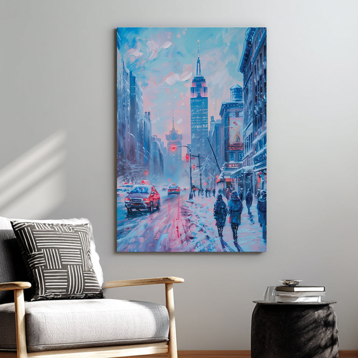 Wall art of a snowy New York street scene with glowing lights and city pedestrians