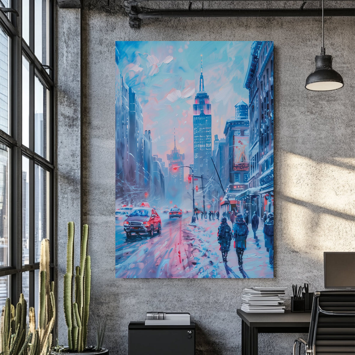 Wall art of a snowy New York street scene with glowing lights and city pedestrians