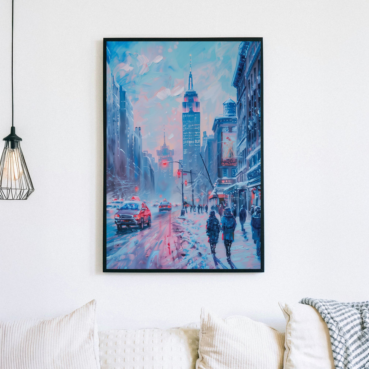 Wall art of a snowy New York street scene with glowing lights and city pedestrians