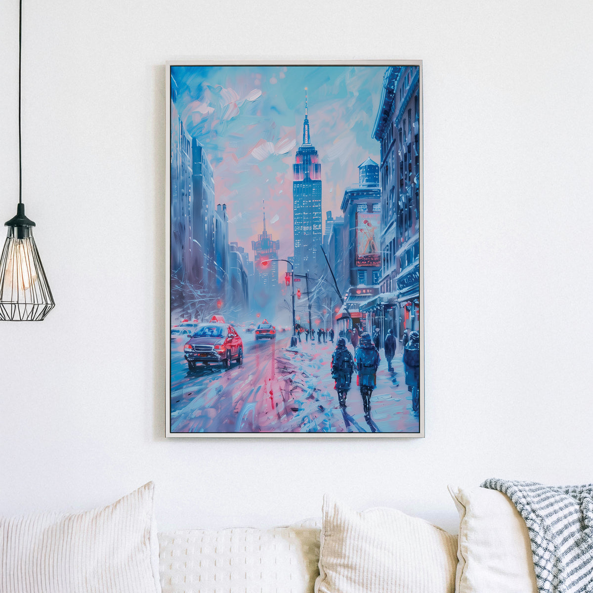 Wall art of a snowy New York street scene with glowing lights and city pedestrians