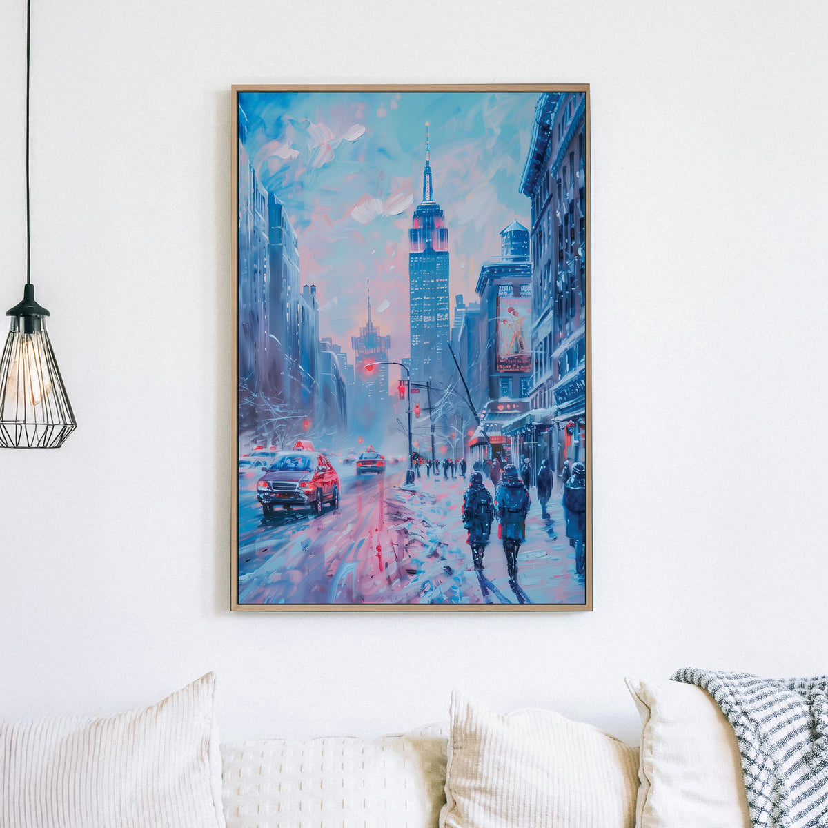 Wall art of a snowy New York street scene with glowing lights and city pedestrians