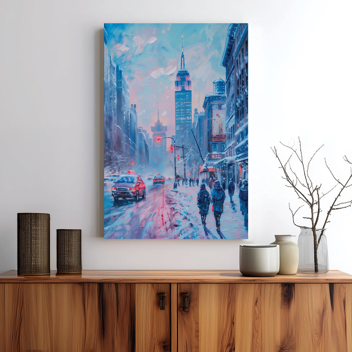 Wall art of a snowy New York street scene with glowing lights and city pedestrians