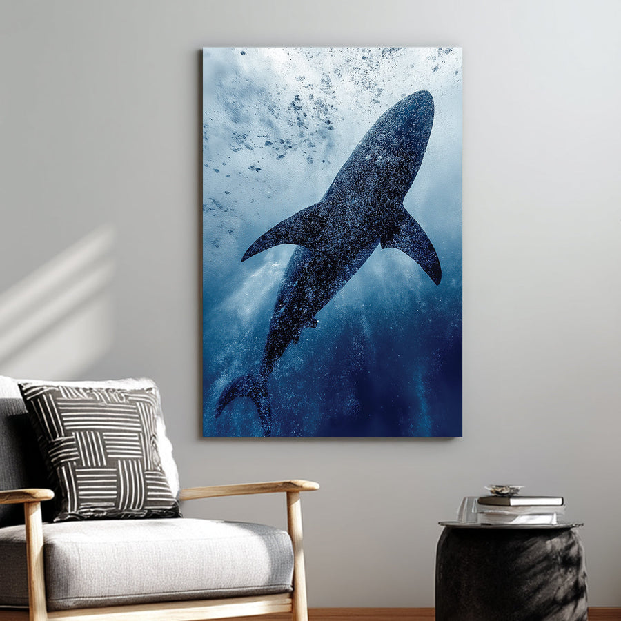 Wall art of a shark swimming underwater surrounded by bubbles