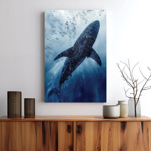 Wall art of a shark swimming underwater surrounded by bubbles