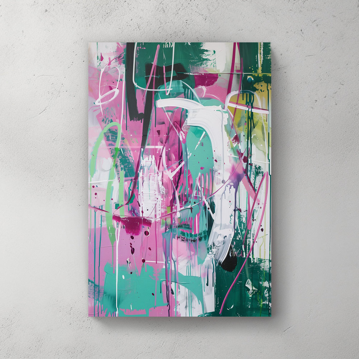 Wall art with abstract graffiti-style brushstrokes in pink, green, and white