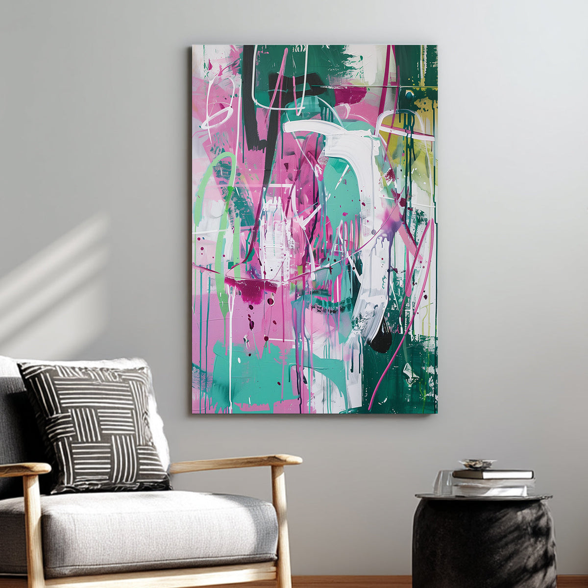 Wall art with abstract graffiti-style brushstrokes in pink, green, and white