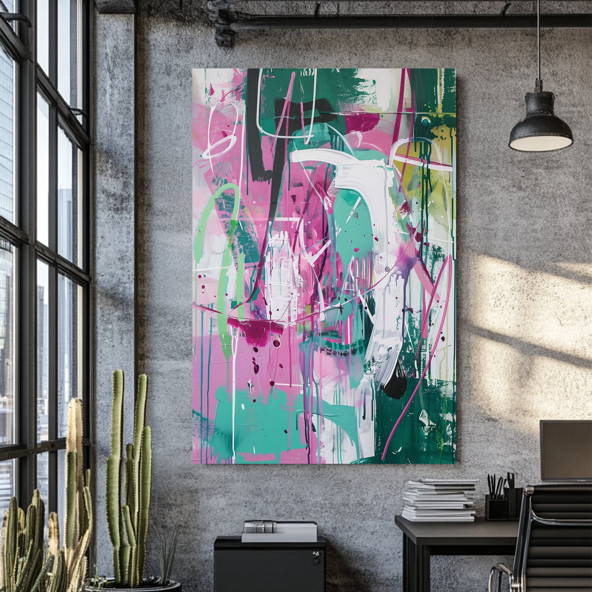 Wall art with abstract graffiti-style brushstrokes in pink, green, and white