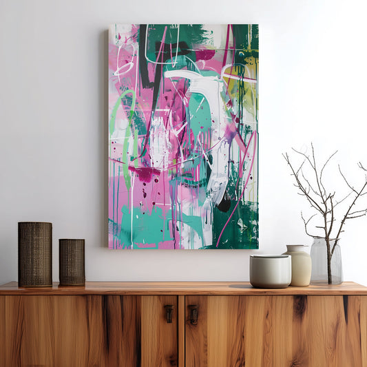 Wall art with abstract graffiti-style brushstrokes in pink, green, and white