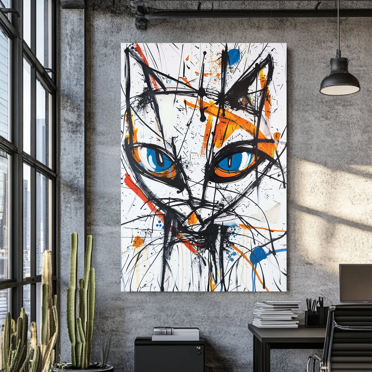 Wall art featuring abstract cat face with blue eyes and expressive paint splashes