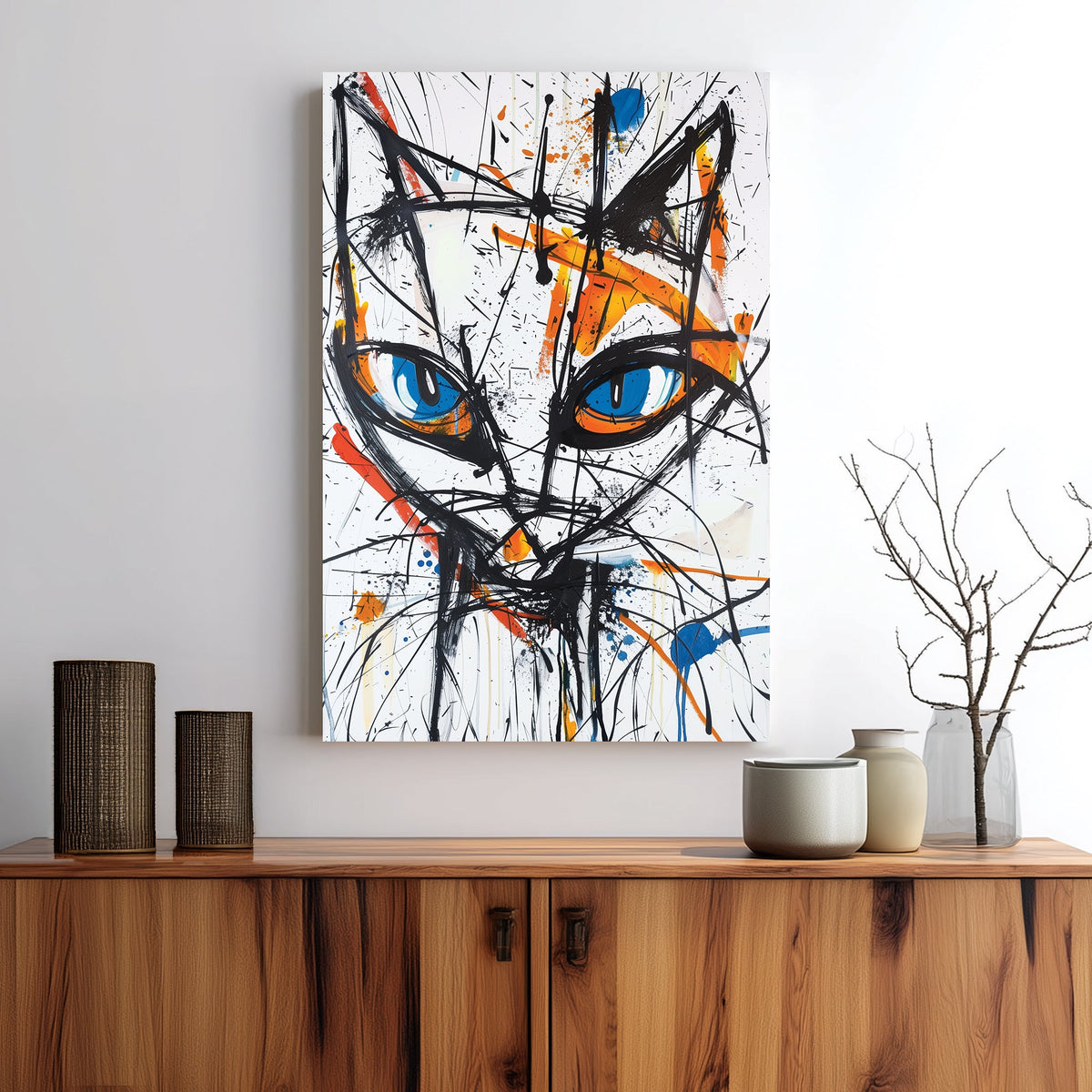 Wall art featuring abstract cat face with blue eyes and expressive paint splashes
