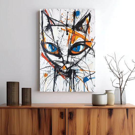 Wall art featuring abstract cat face with blue eyes and expressive paint splashes
