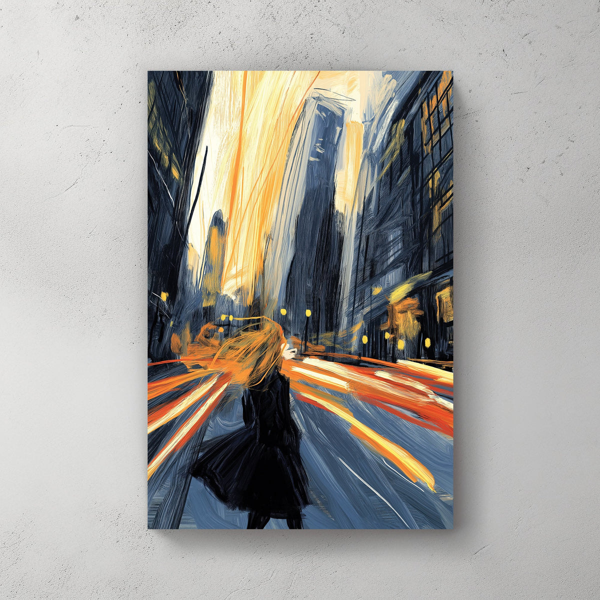 Wall art of a woman standing in a city at night with motion blur and dramatic lighting