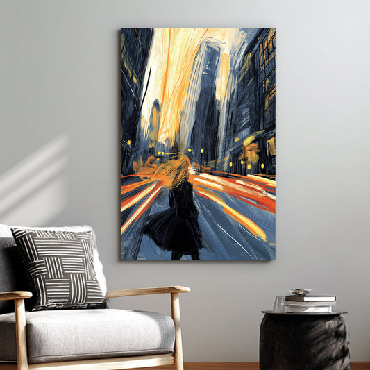 Wall art of a woman standing in a city at night with motion blur and dramatic lighting