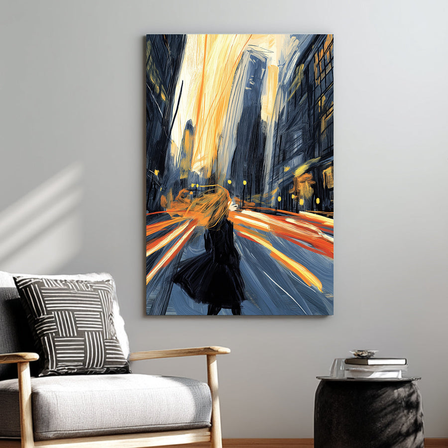 Wall art of a woman standing in a city at night with motion blur and dramatic lighting