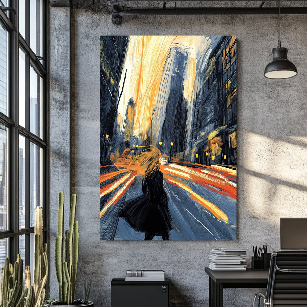 Wall art of a woman standing in a city at night with motion blur and dramatic lighting