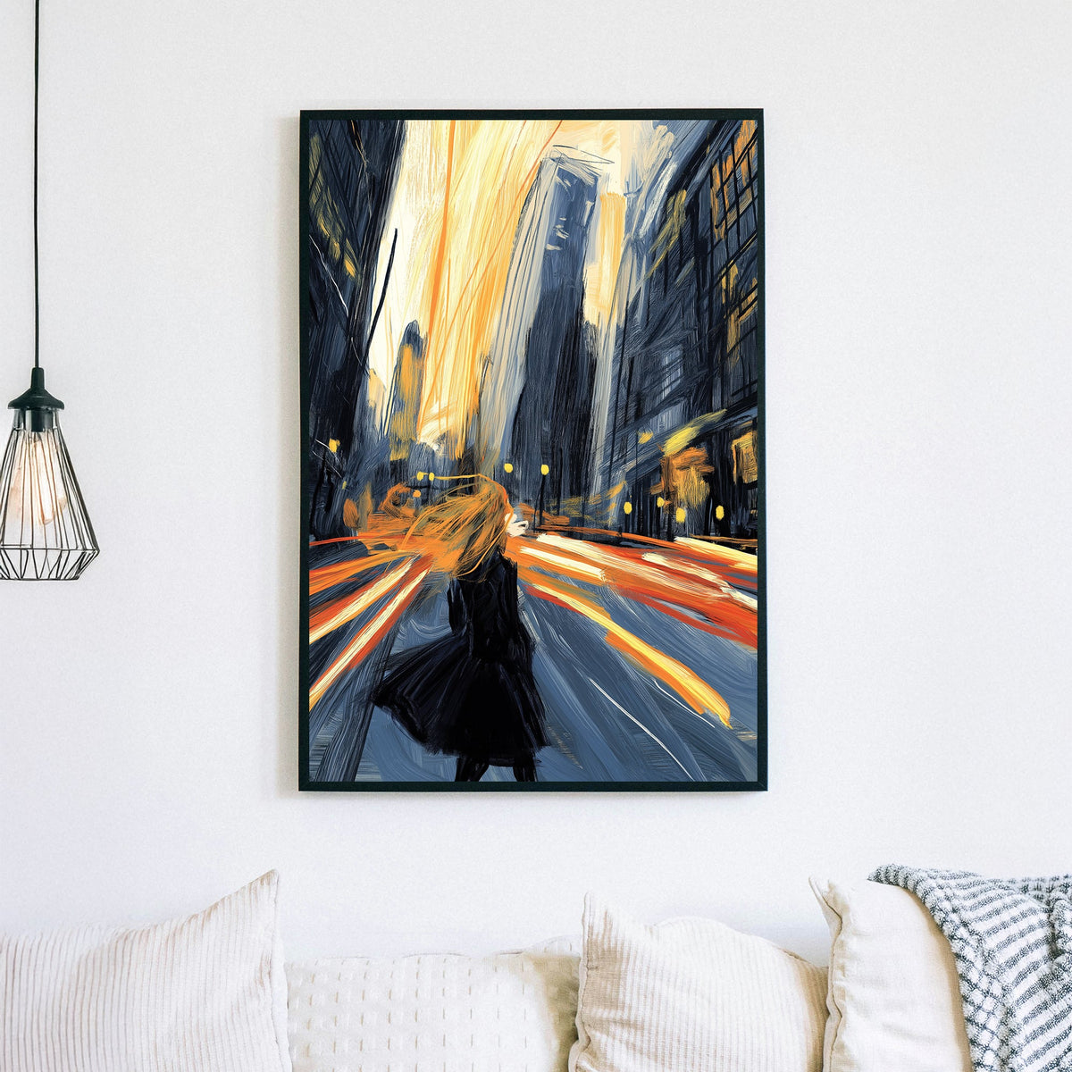 Wall art of a woman standing in a city at night with motion blur and dramatic lighting