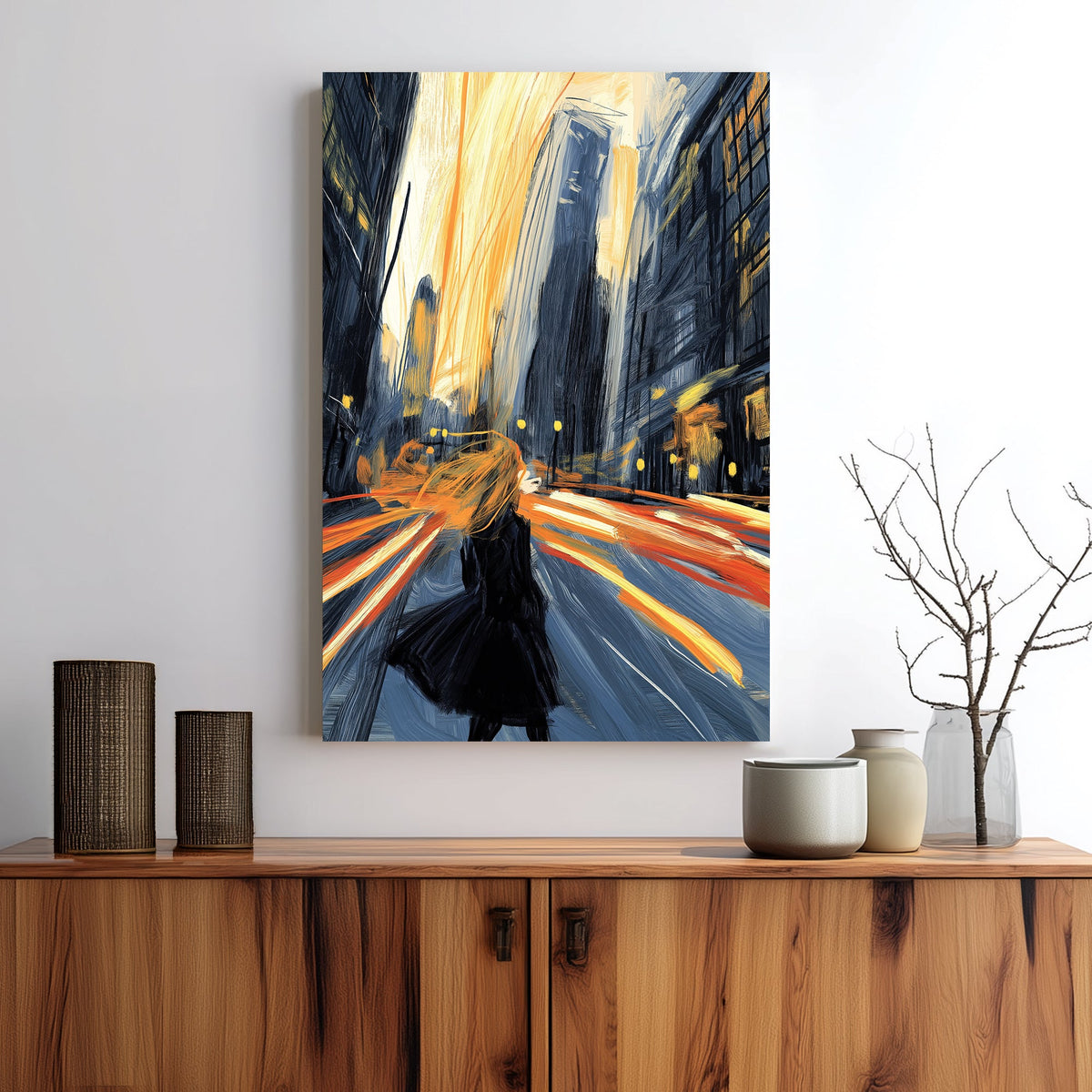 Wall art of a woman standing in a city at night with motion blur and dramatic lighting