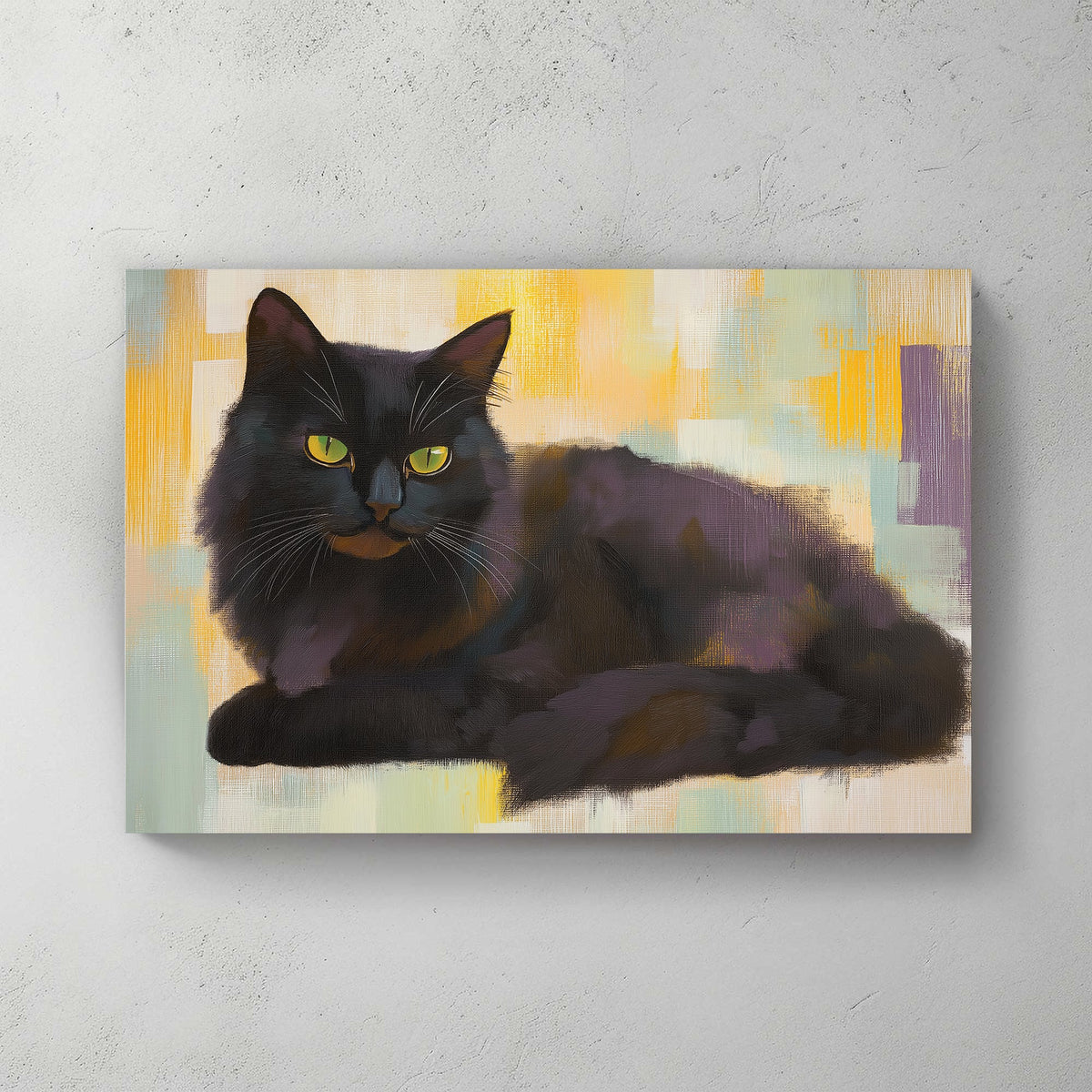 Wall art of a black cat with yellow eyes on a textured abstract background