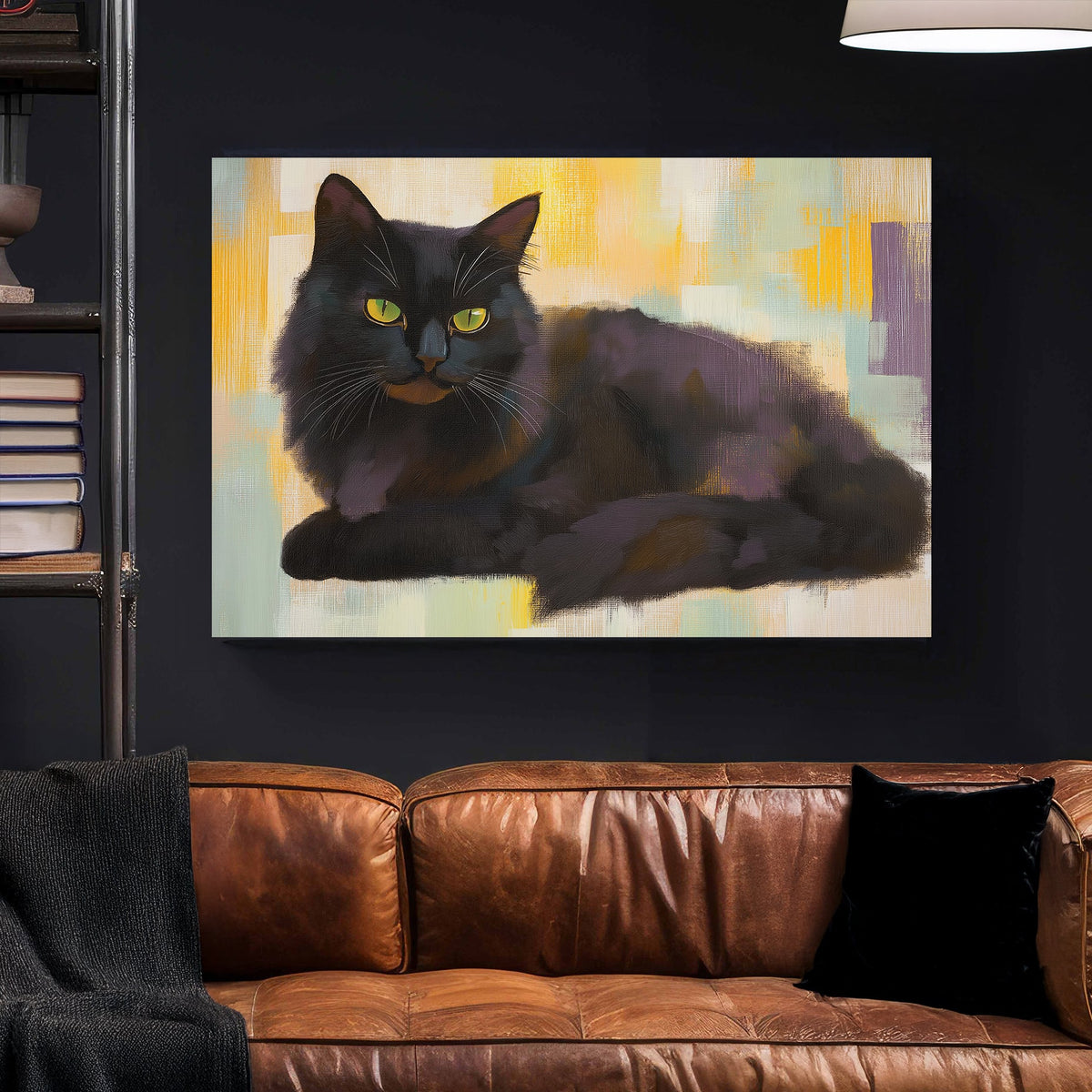 Wall art of a black cat with yellow eyes on a textured abstract background