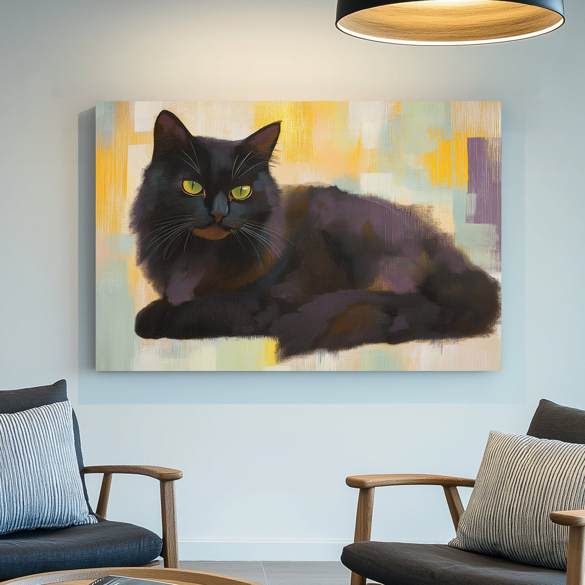 Wall art of a black cat with yellow eyes on a textured abstract background