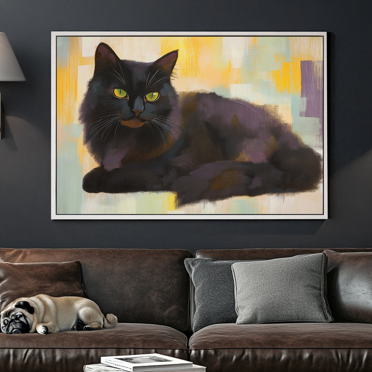 Wall art of a black cat with yellow eyes on a textured abstract background